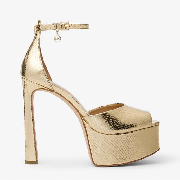 Martina Metallic Snake Embossed Leather Peep-Toe Platform Pump - Picture 2 of 5